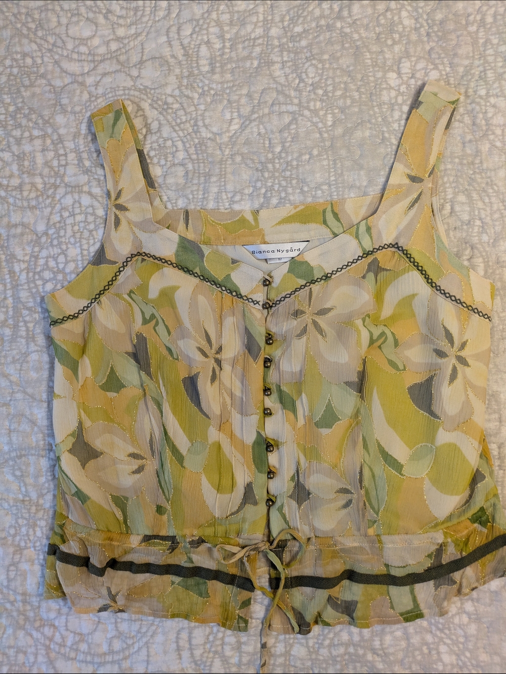 Bianca Nigard 100% Silk Y2K Yellow Floral Sleeveless Button-Front Top